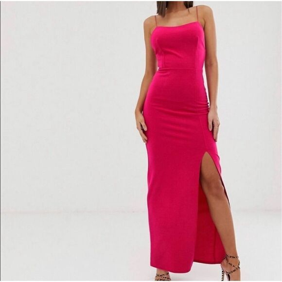 NWT ASOS Club L London Square Neck High Split Maxi Dress Fuschia Pink Size 2 - Picture 1 of 10